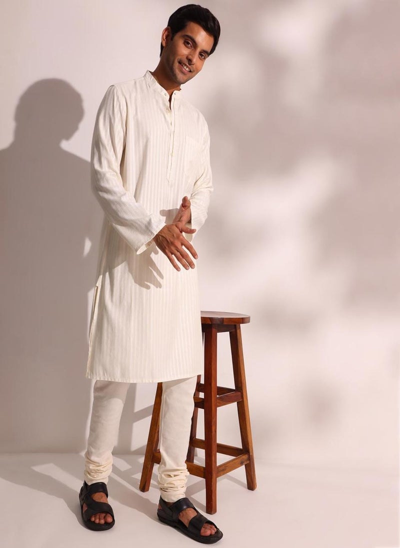 White Viscose Blend Dobby Long Kurta