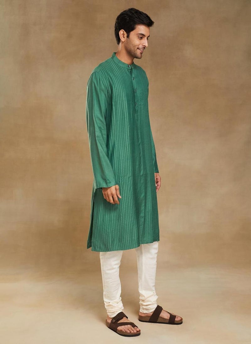 Green Viscose Silk Pintucks Long Kurta