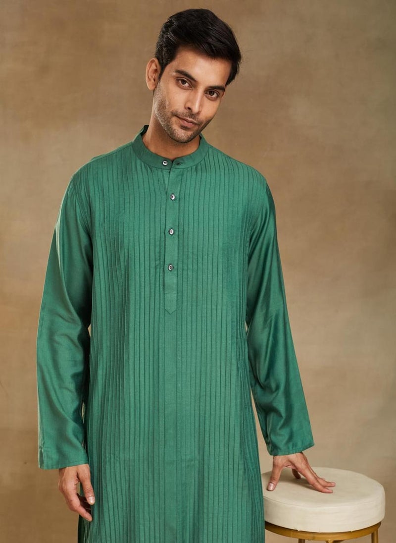 Green Viscose Silk Pintucks Long Kurta