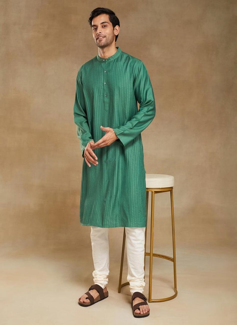 Green Viscose Silk Pintucks Long Kurta