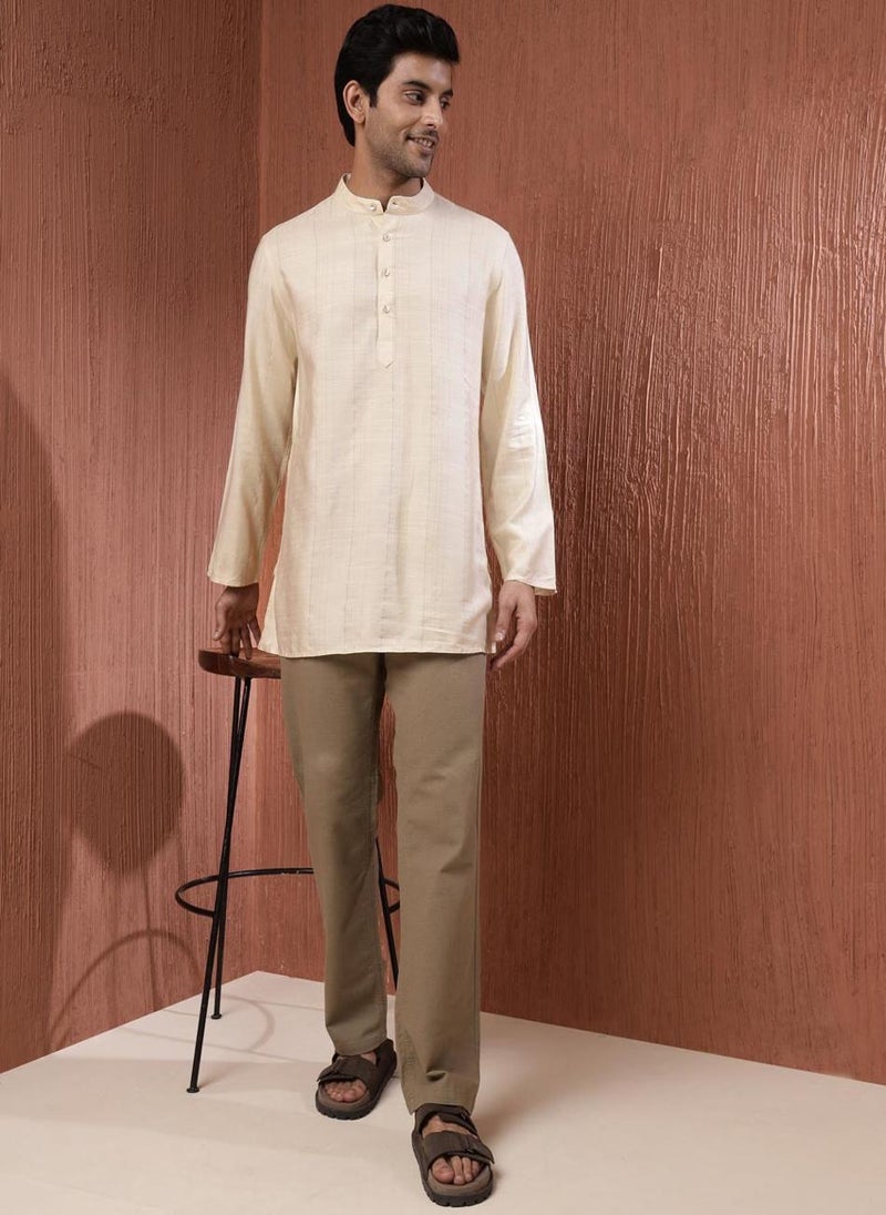 Offwhite Viscose Blend Striped Short Kurta