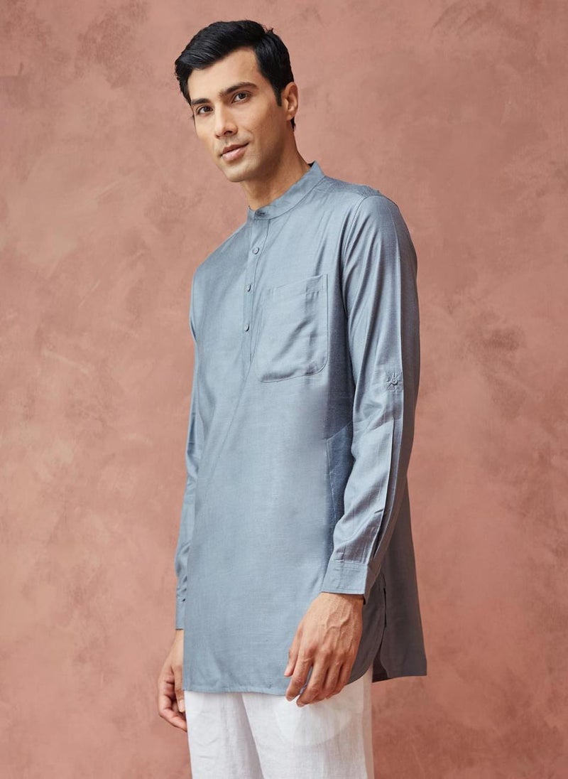 Grey Viscose Silk Slim Fit Short Kurta