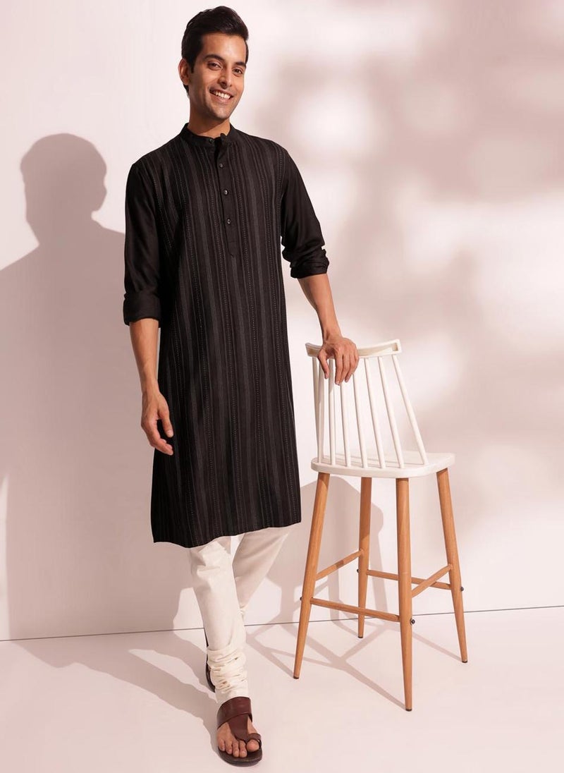 Black Viscose Silk Pintucks Long Kurta