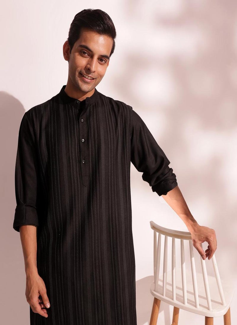 Black Viscose Silk Pintucks Long Kurta