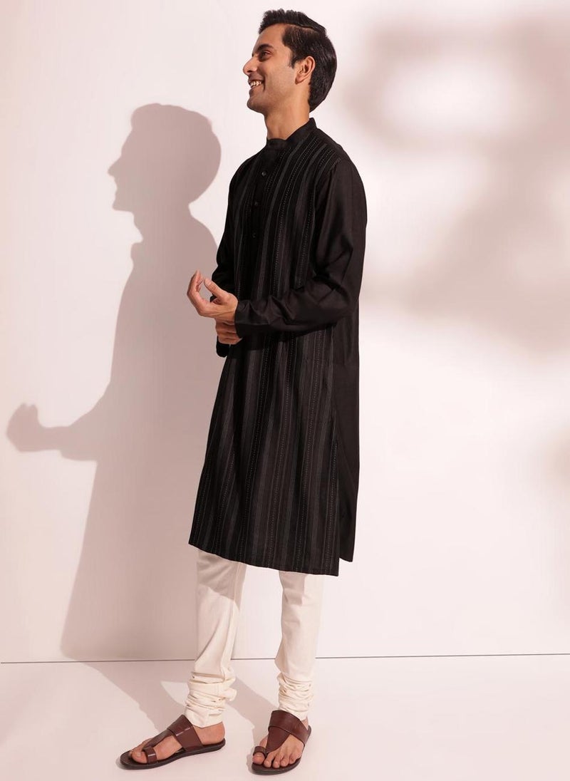 Black Viscose Silk Pintucks Long Kurta