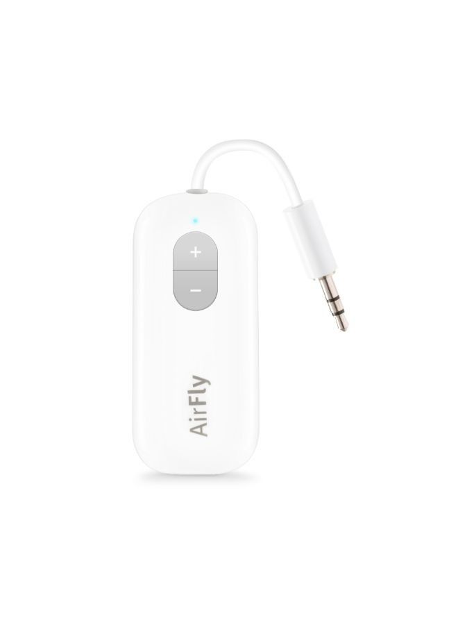 Airfly V2 Bluetooth Transmitter - 20Hrs Playtime, Volume Control, For In-Flight Console, Treadmills, TV Monitors, Wii, Works w/ Apple Airpods & All Bluetooth Headphones & Speakers - White