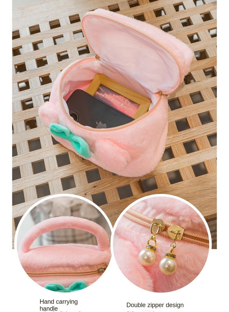 Cute Plush Makeup Bag handbag  Open Flat Travel Toiletry Accessories Organizer Cosmetic Pouch with Handle for Cosmetics Brushes Toiletry Jewelry