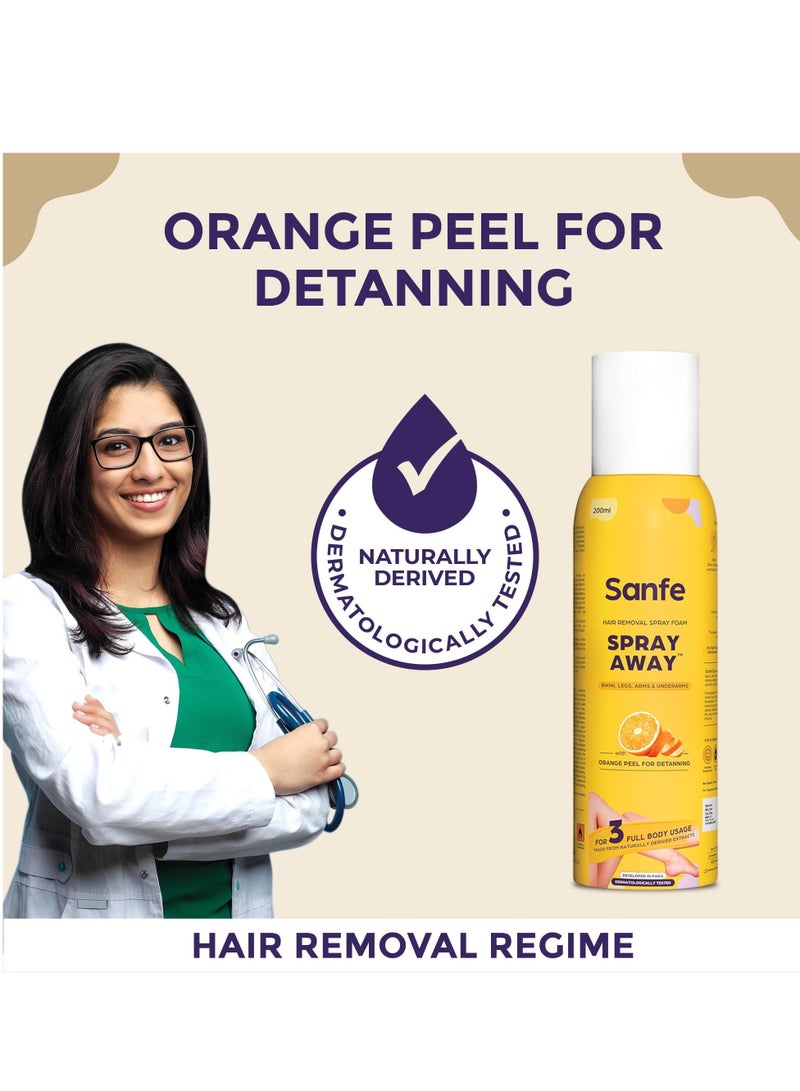 Sanfe Painless & Detan Hair Removal Spray Cream - 200 ml | For Chest, Legs, Arms & UnderArm | Removes Hair in 10 Minutes with Skin Detan | Orange Peel, Aloevera, Vitamin E & Niacinamide | Dermatologist Approved