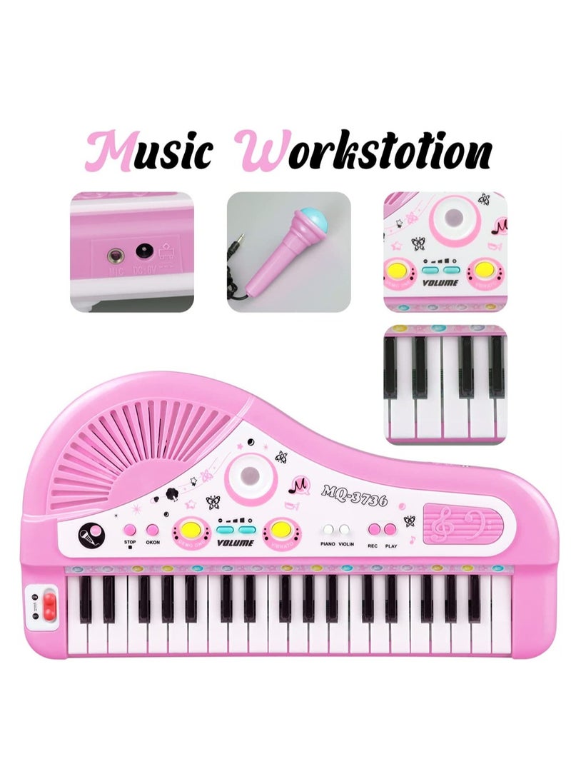 Fun Kids Piano Keyboard with Microphone - Portable 37 Keys Electronic Musical Toy for Baby Girls, Perfect Birthday Gift for Ages 3-7 (Pink)