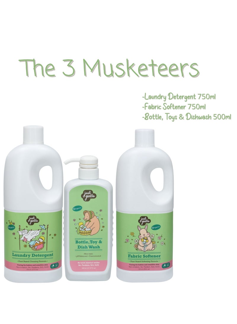 The 3 Musketeers - Plant Based Cleaners- Essential Trio for Gentle Care - Laundry Detergent 750ml + Fabric Softner 750ml + Bottle, Toys & Dishwash 500 ml