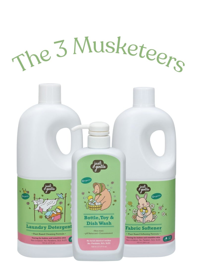 The 3 Musketeers - Plant Based Cleaners- Essential Trio for Gentle Care - Laundry Detergent 750ml + Fabric Softner 750ml + Bottle, Toys & Dishwash 500 ml