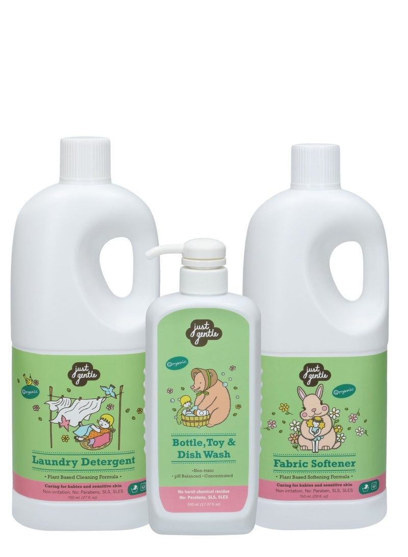 The 3 Musketeers - Plant Based Cleaners- Essential Trio for Gentle Care - Laundry Detergent 750ml + Fabric Softner 750ml + Bottle, Toys & Dishwash 500 ml