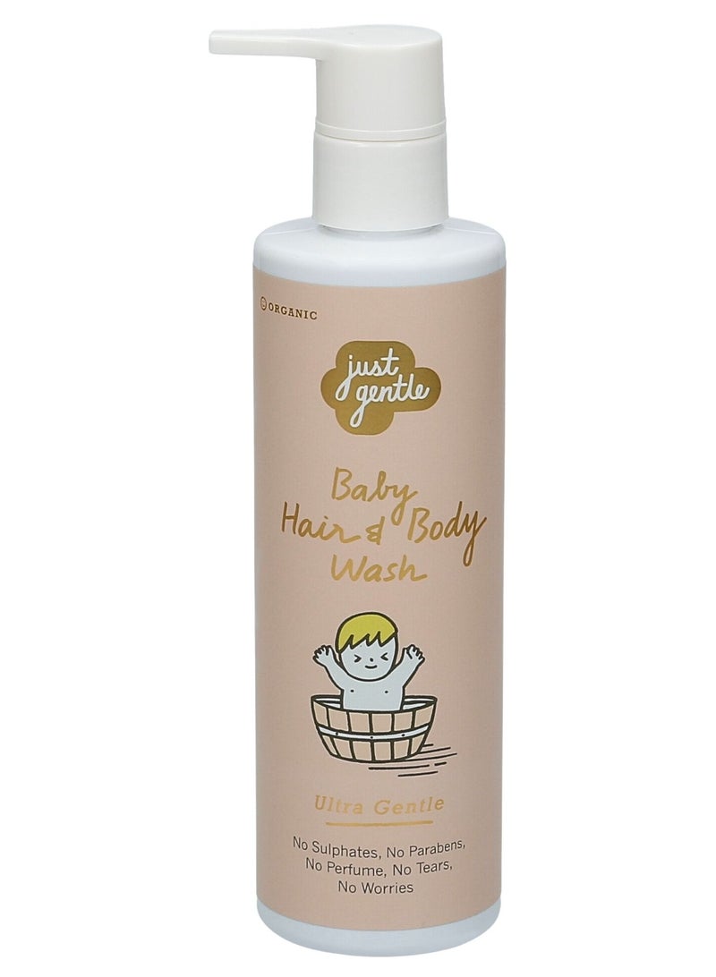 Just Gentle Baby Hair & Body Wash Ultra Gentle 200ml - 99% Natural Ingredients, Tear-Free, Hydrating Aloe Vera & Chamomile. Organic Ingredients certified by EcoCert.