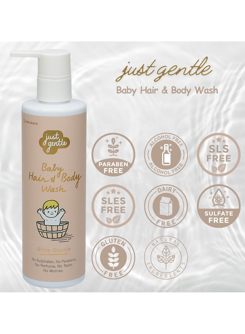 Just Gentle Baby Hair & Body Wash Ultra Gentle 200ml - 99% Natural Ingredients, Tear-Free, Hydrating Aloe Vera & Chamomile. Organic Ingredients certified by EcoCert.