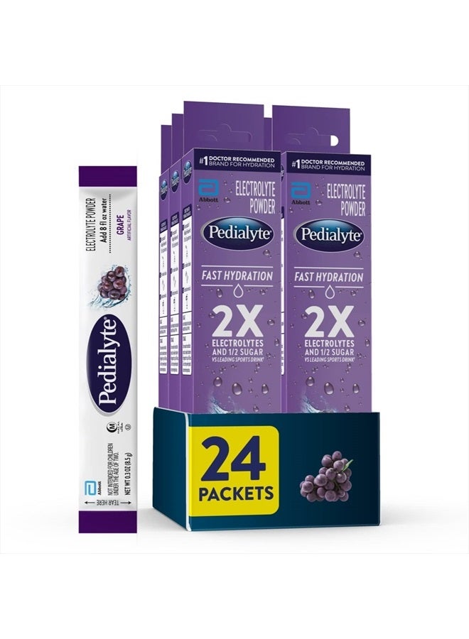 Pedialyte Fast Hydration Electrolyte Powder Packets, Grape, Hydration Drink, 24 Single-Serving Powder Packets