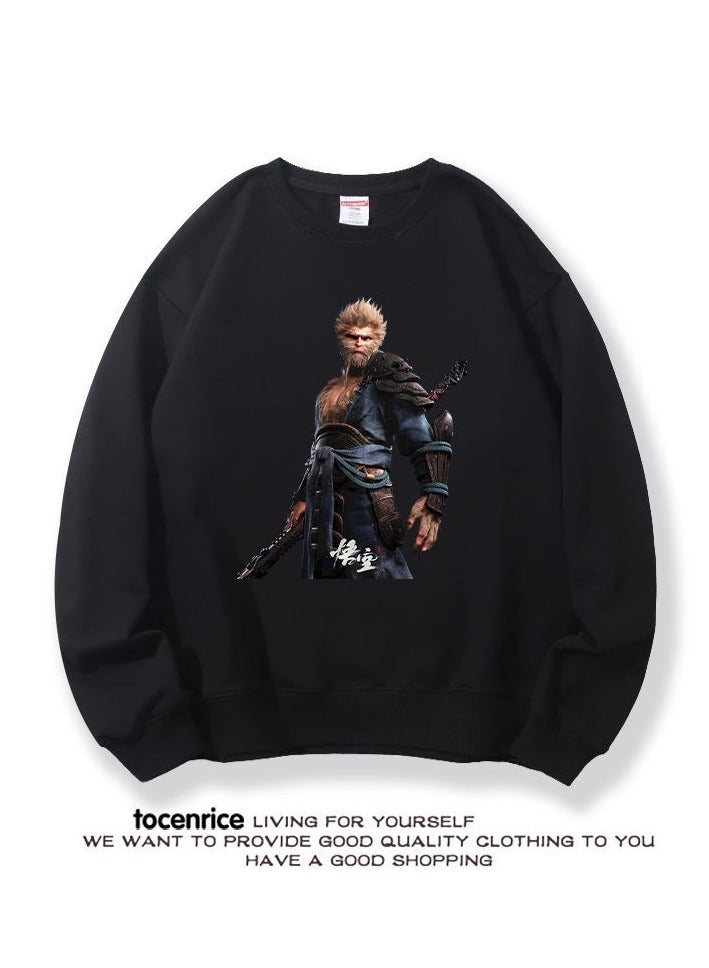 Black Mythical Loose Round Neck Hoodie