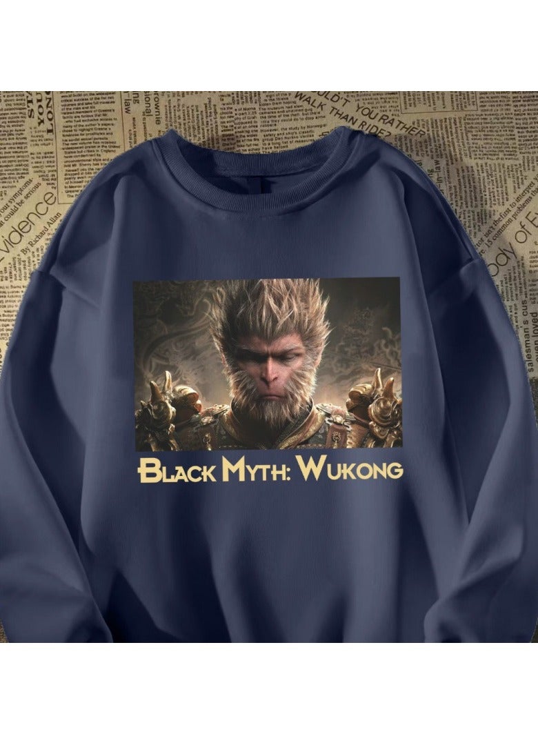 Black Mythical Loose Round Neck Hoodie