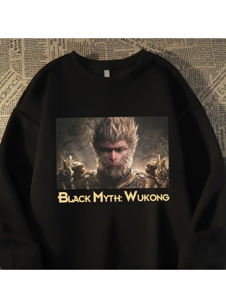 Black Mythical Loose Round Neck Hoodie