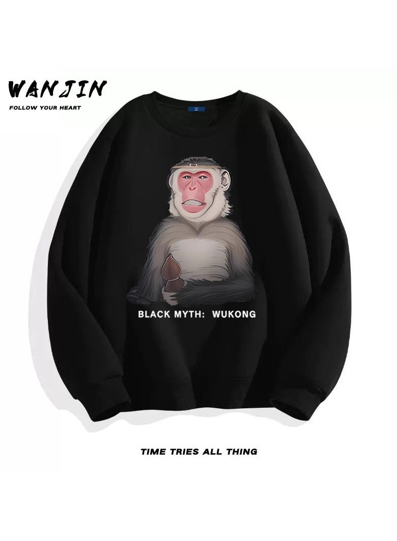 Black Mythical Loose Round Neck Hoodie