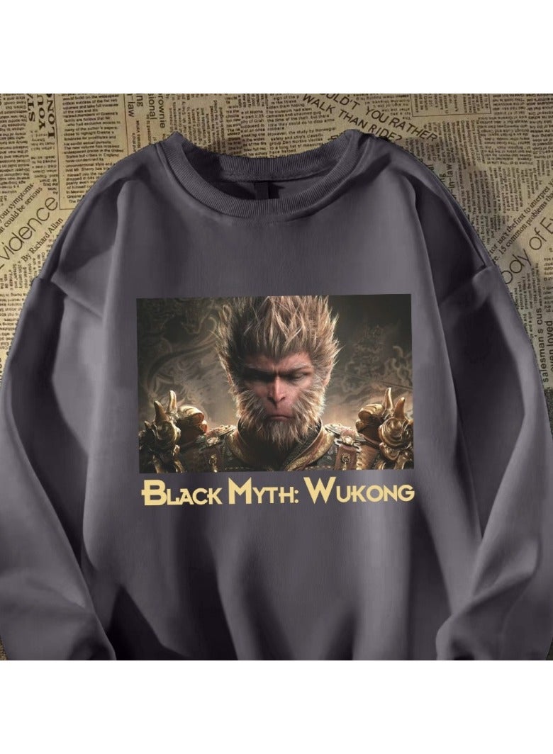 Black Mythical Loose Round Neck Hoodie
