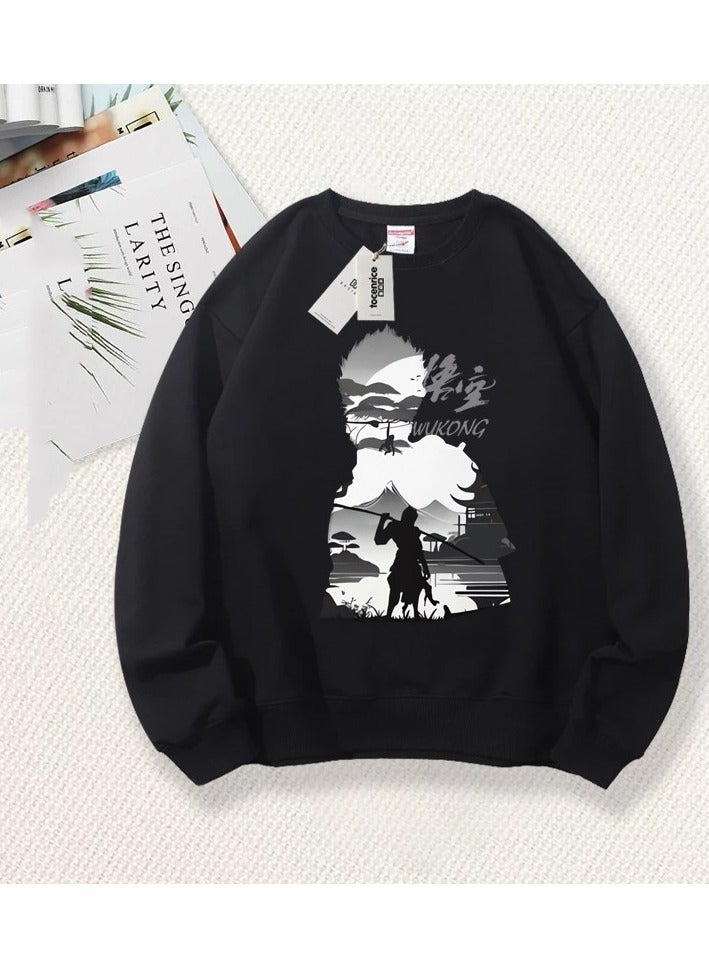 Black Mythical Loose Round Neck Hoodie