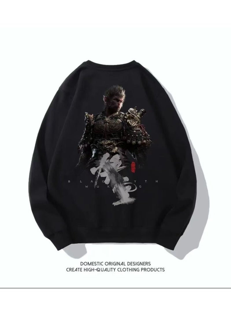 Black Mythical Loose Round Neck Hoodie