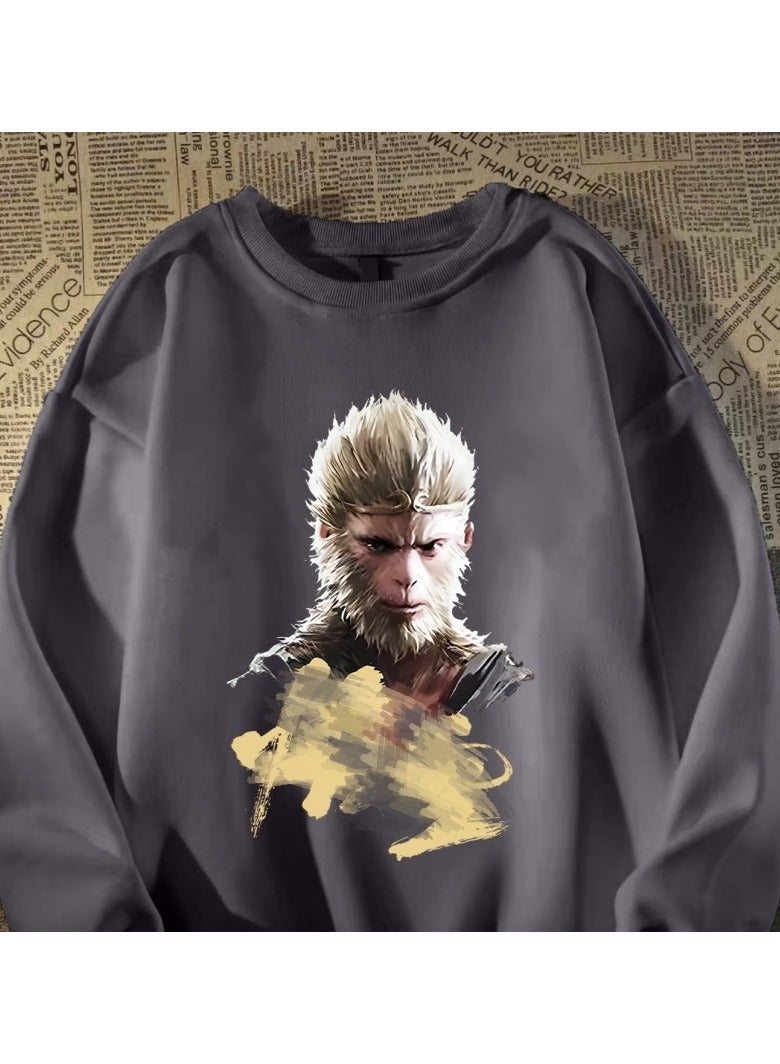 Black Mythical Loose Round Neck Hoodie