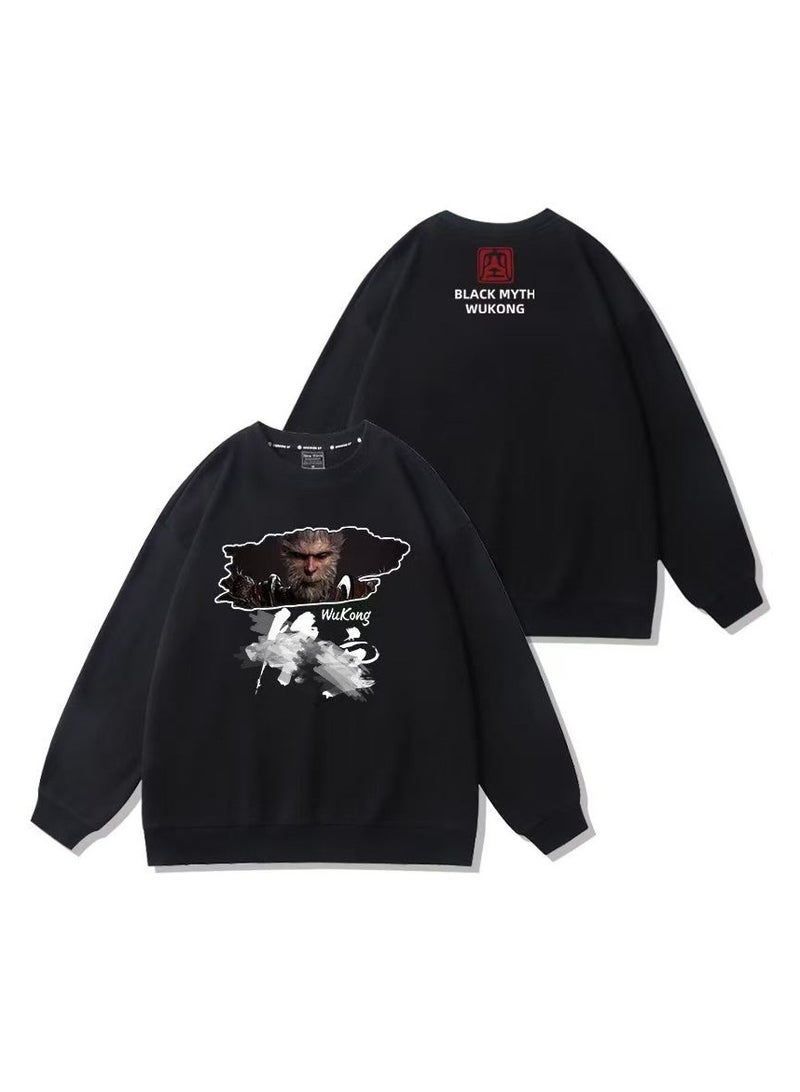 Black Mythical Loose Round Neck Hoodie