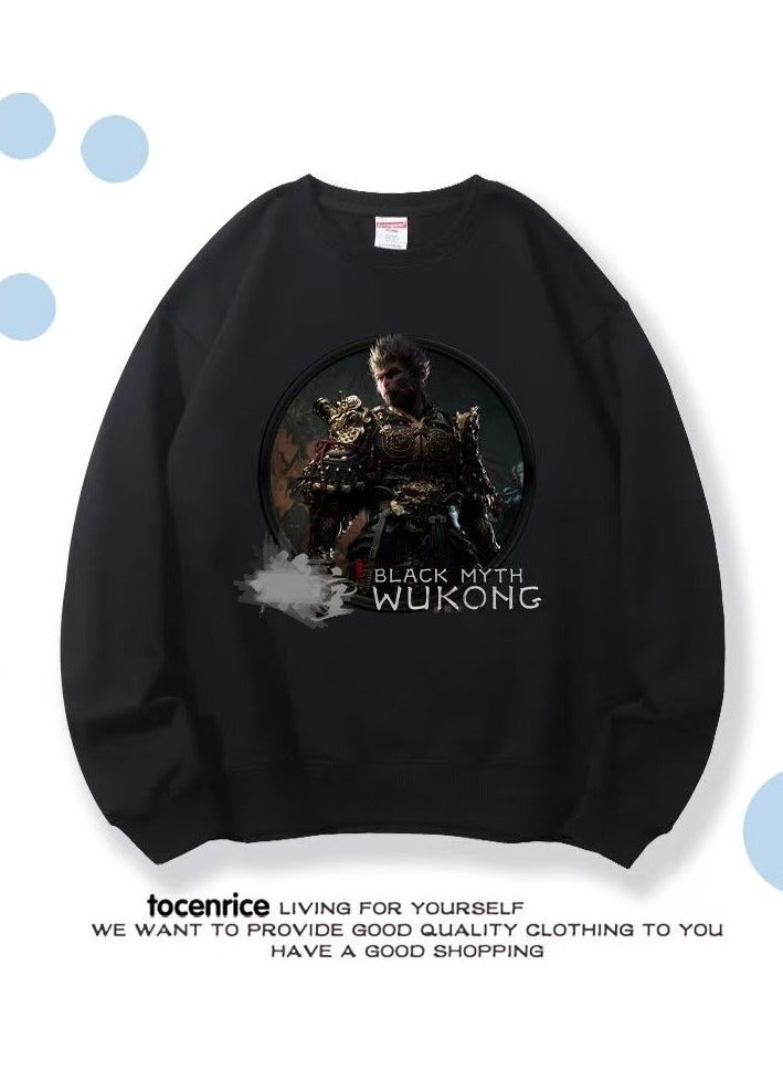 Black Mythical Loose Round Neck Hoodie