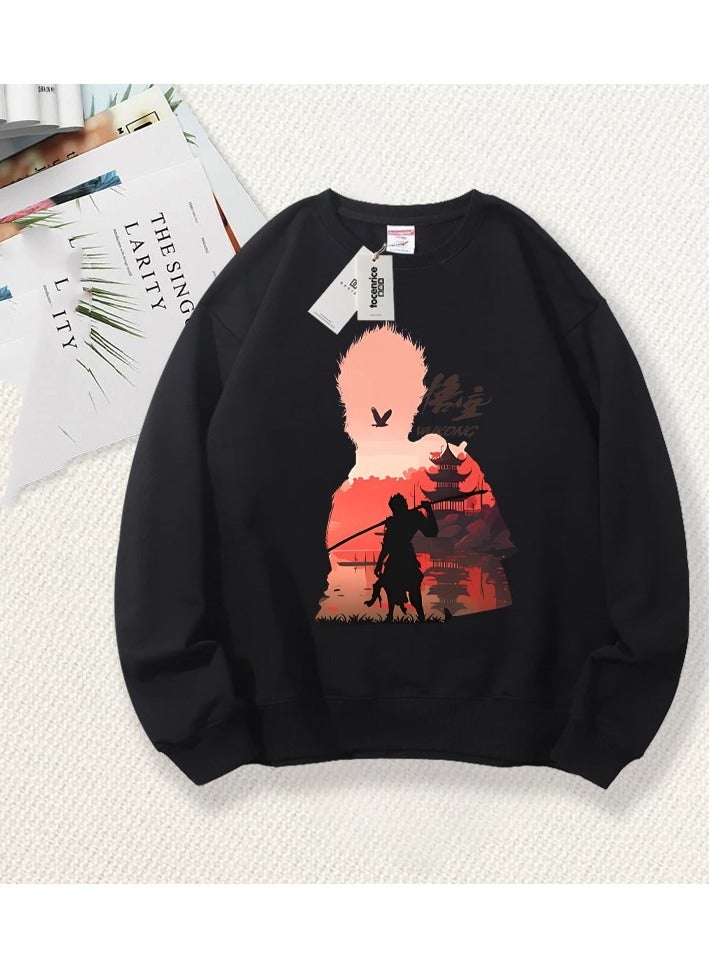 Black Mythical Loose Round Neck Hoodie