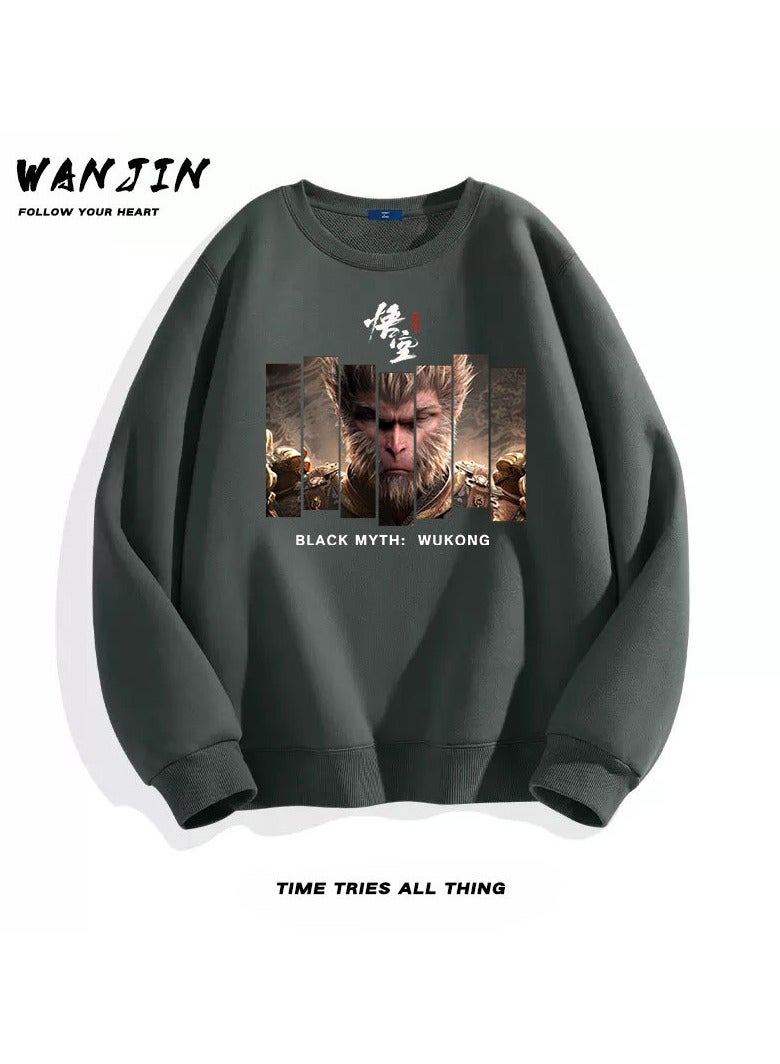 Black Mythical Loose Round Neck Hoodie