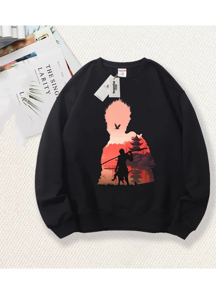 Black Mythical Loose Round Neck Hoodie