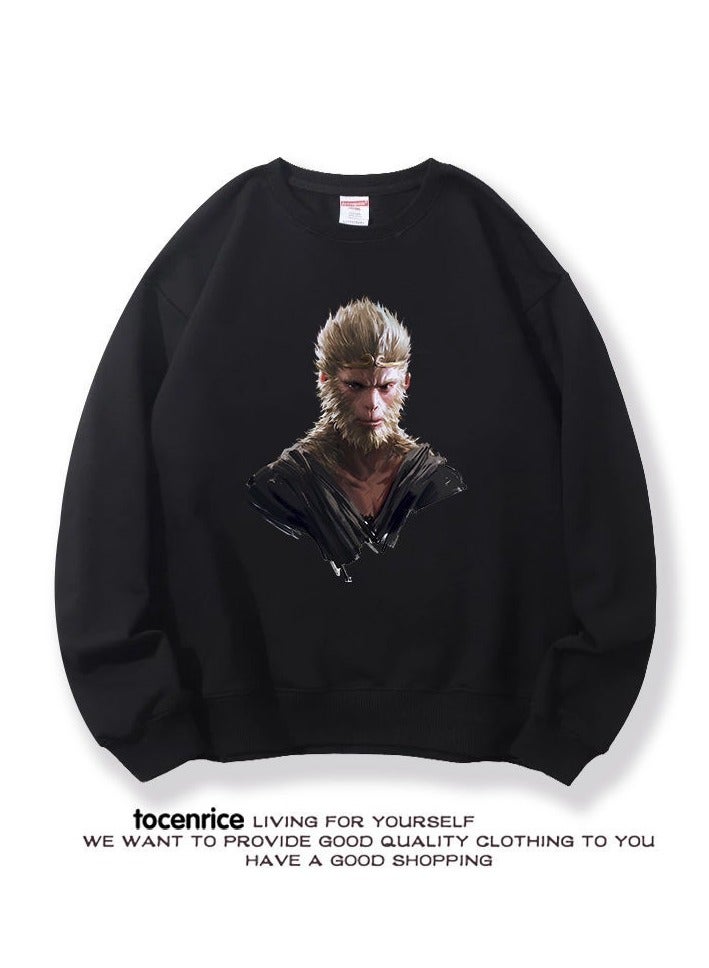 Black Mythical Loose Round Neck Hoodie