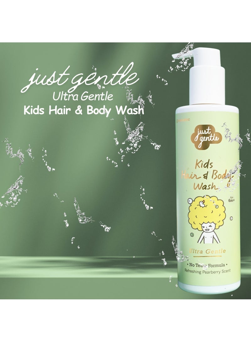 Just Gentle Kids Hair and Body Wash Ultra Gentle - 99% Natural Ingredients, Tear-Free, Nourishing Coconut Oil & Pear-Berry Scent, 200ml