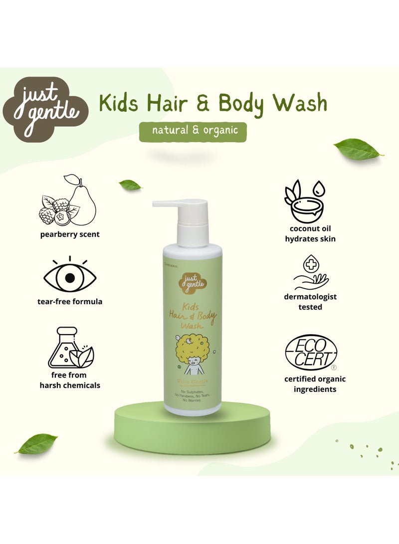 Just Gentle Kids Hair and Body Wash Ultra Gentle - 99% Natural Ingredients, Tear-Free, Nourishing Coconut Oil & Pear-Berry Scent, 200ml