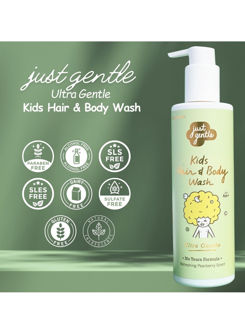 Just Gentle Kids Hair and Body Wash Ultra Gentle - 99% Natural Ingredients, Tear-Free, Nourishing Coconut Oil & Pear-Berry Scent, 200ml