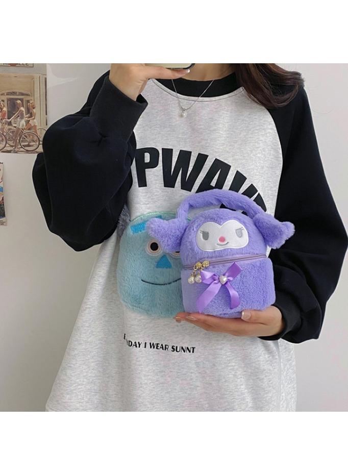 Cute Plush Kuromi Makeup Bag handbag  Open Flat Travel Toiletry Accessories Organizer Cosmetic Pouch with Handle for Cosmetics Brushes Toiletry Jewelry