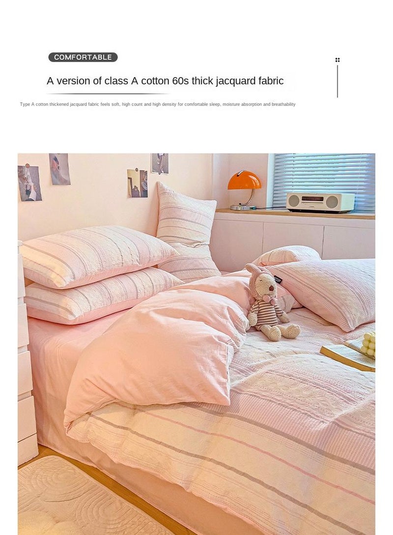 Cotton Satin Duvet Cover Set Solid Color Striped Jacquard 4pcs Cotton 60S Soft Comforter Cover Bed Sheet Pillowcases Bedding Set