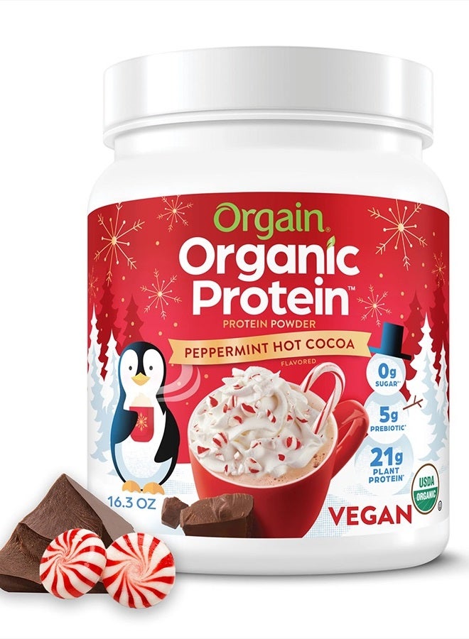 Organic Vegan Protein Powder, Peppermint Hot Cocoa Holiday Flavor - 21g of Plant Protein, 5g Prebiotic Fiber, No Lactose Ingredients, No Added Sugar, Non-GMO, For Shakes & Smoothies, 1.02 lb