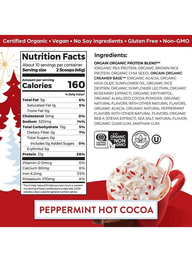 Organic Vegan Protein Powder, Peppermint Hot Cocoa Holiday Flavor - 21g of Plant Protein, 5g Prebiotic Fiber, No Lactose Ingredients, No Added Sugar, Non-GMO, For Shakes & Smoothies, 1.02 lb