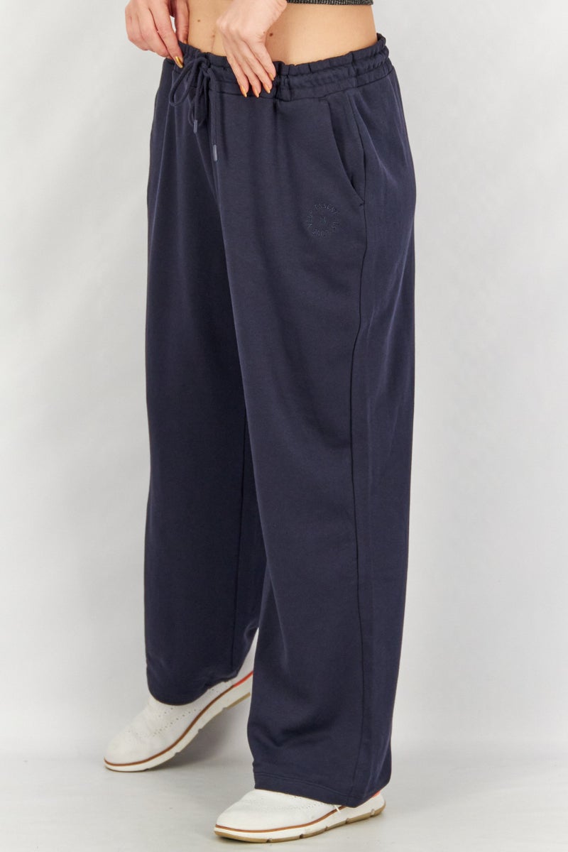 Women Regular Fit Drawstring Solid Pants, Navy Blue