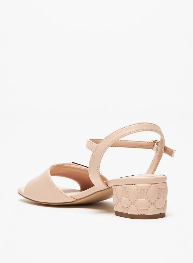 Women's Monogram Detail Ankle Strap Sandals with Block Heels