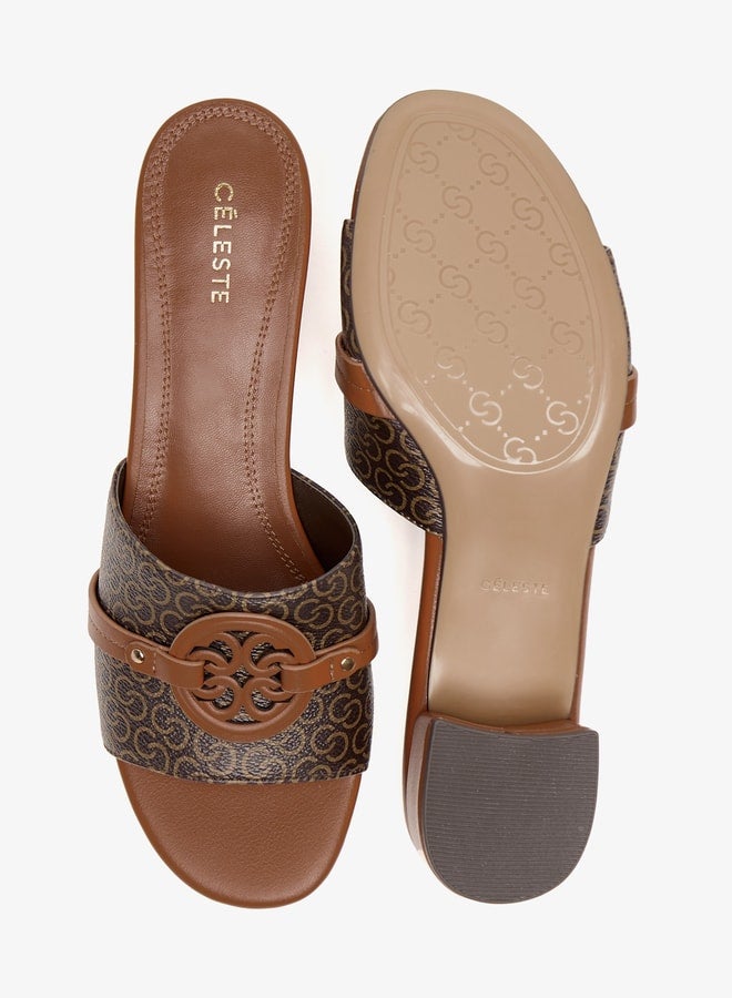 Women's Monogram Print Slip-On Sandals with Block Heels