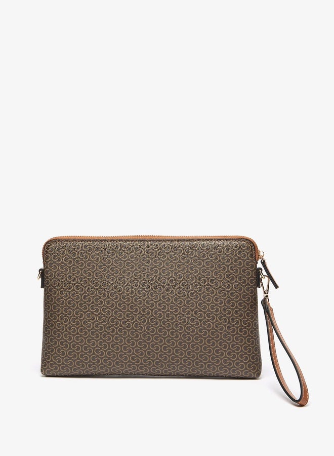 Women's All-Over Monogram Print Clutch with Detachable Strap and Zip Closure