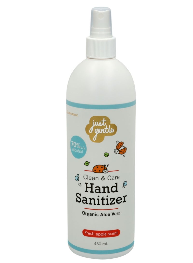 Just Gentle Hand Sanitizer Spray, 450 ml |70% Alcohol, Kills 99.9% of Germs, Gentle on Sensitive Skin, Moisturizing with Aloe Vera, and refreshing with apple scent