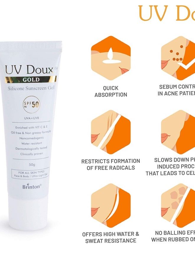 UV Doux Gold Silicone Sunscreen Gel SPF 50 pa+++ UVA/UVB With Broad Spectrum, Water Resistant Best SPF Sunscreen For Women, 50 g