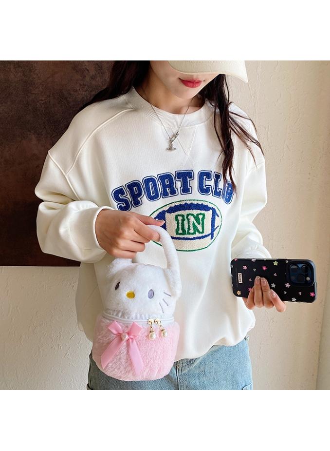 Cute Plush HelloKitty  Makeup Bag handbag  Open Flat Travel Toiletry Accessories Organizer Cosmetic Pouch with Handle for Cosmetics Brushes Toiletry Jewelry