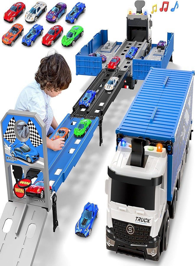 Race Car Track Toy Truck Toy with Slots & Foldable Race Tracks Transport Car Carrier Toy for Toddlers Cars Toy Set Container Truck Toy with 8 Alloy Cars Vehicles Toy Set for 3+ Kids Boys Girls