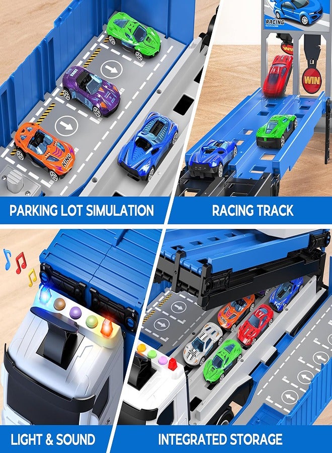 Race Car Track Toy Truck Toy with Slots & Foldable Race Tracks Transport Car Carrier Toy for Toddlers Cars Toy Set Container Truck Toy with 8 Alloy Cars Vehicles Toy Set for 3+ Kids Boys Girls