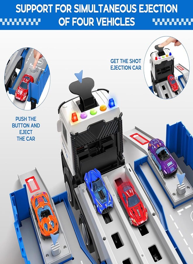 Race Car Track Toy Truck Toy with Slots & Foldable Race Tracks Transport Car Carrier Toy for Toddlers Cars Toy Set Container Truck Toy with 8 Alloy Cars Vehicles Toy Set for 3+ Kids Boys Girls